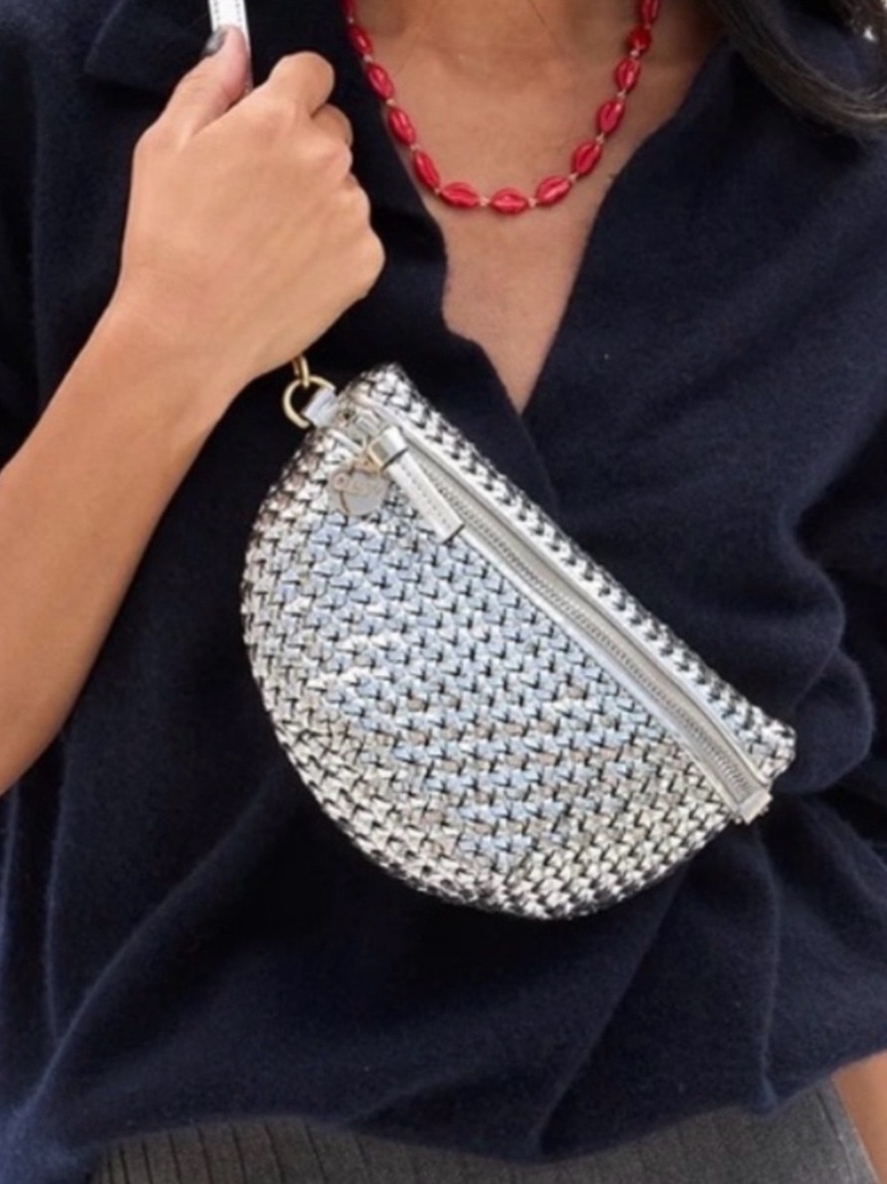 Clare V. Petite Woven Metallic Crossbody Belt Bag in Silver - Picture 5 of 11